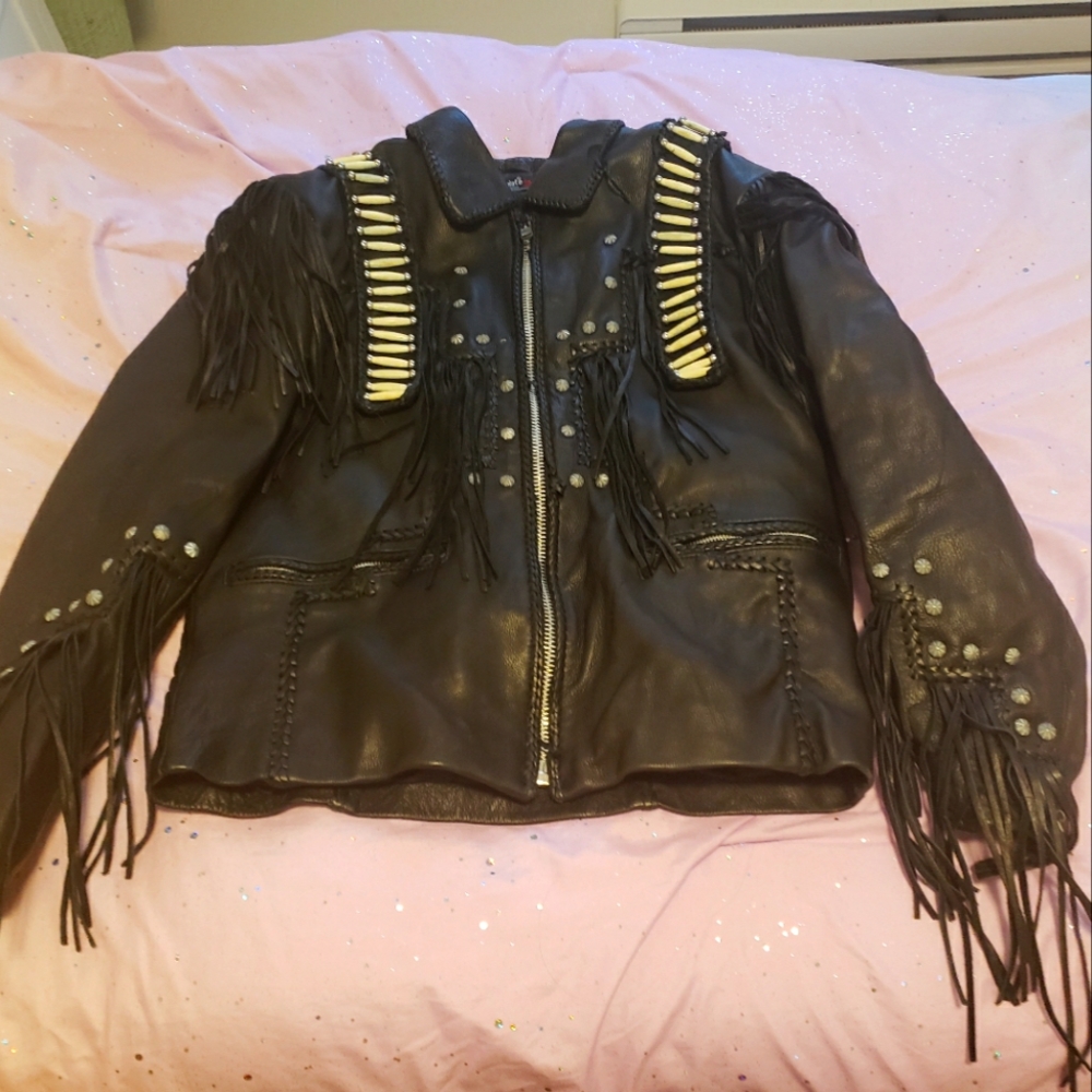 Screaming Eagle Black Leather Thinsulate Jacket with Fringe